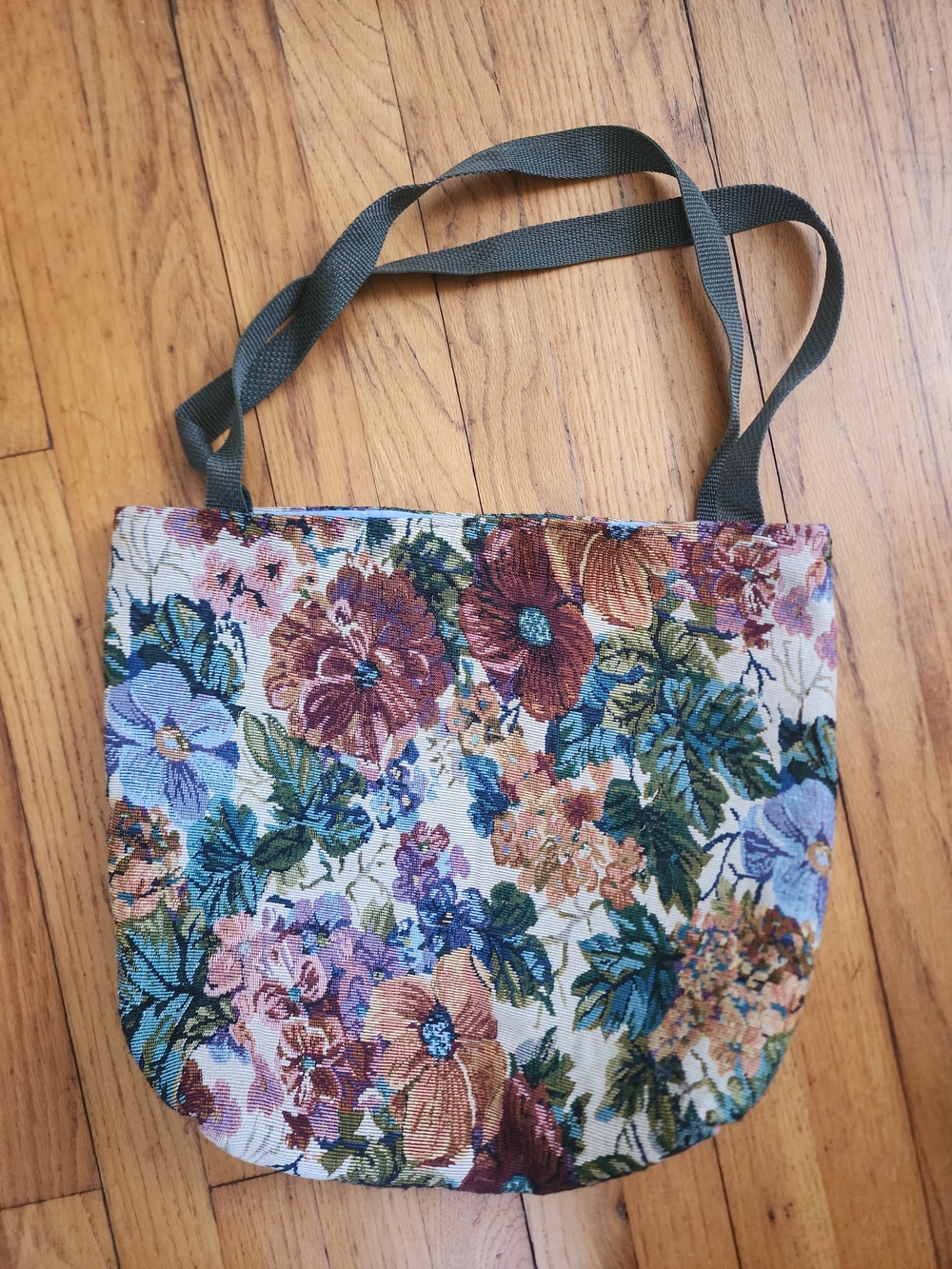 Floral Tapestry Tote Bag with Olive Green Straps